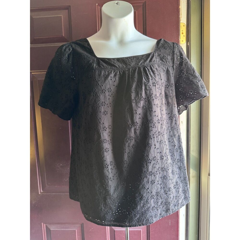 Talbots Women’s XL Black Eyelet Embroidered Cotton Square Neck Blouse Top
